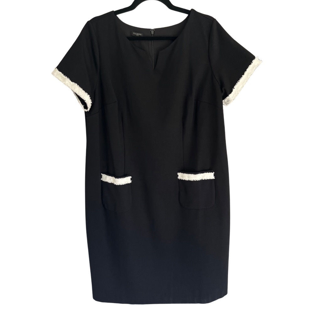 Talbots Black Ponte Fringe Shift Dress Size 14 NWOT
